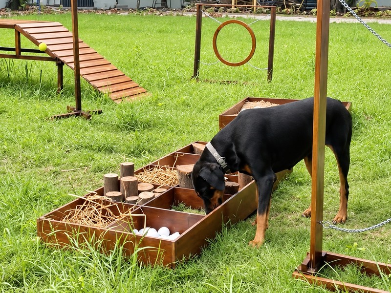 Keiko, a Doberman Pinscher, exploring natural textures along the Discovery Trail