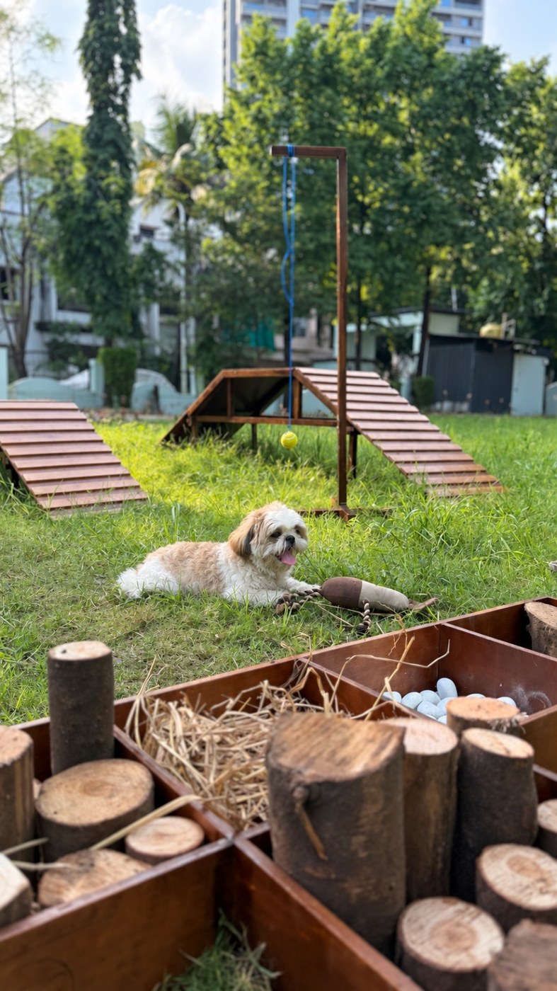 Dog enjoying sensory agility ramp and installations at JOJO playground