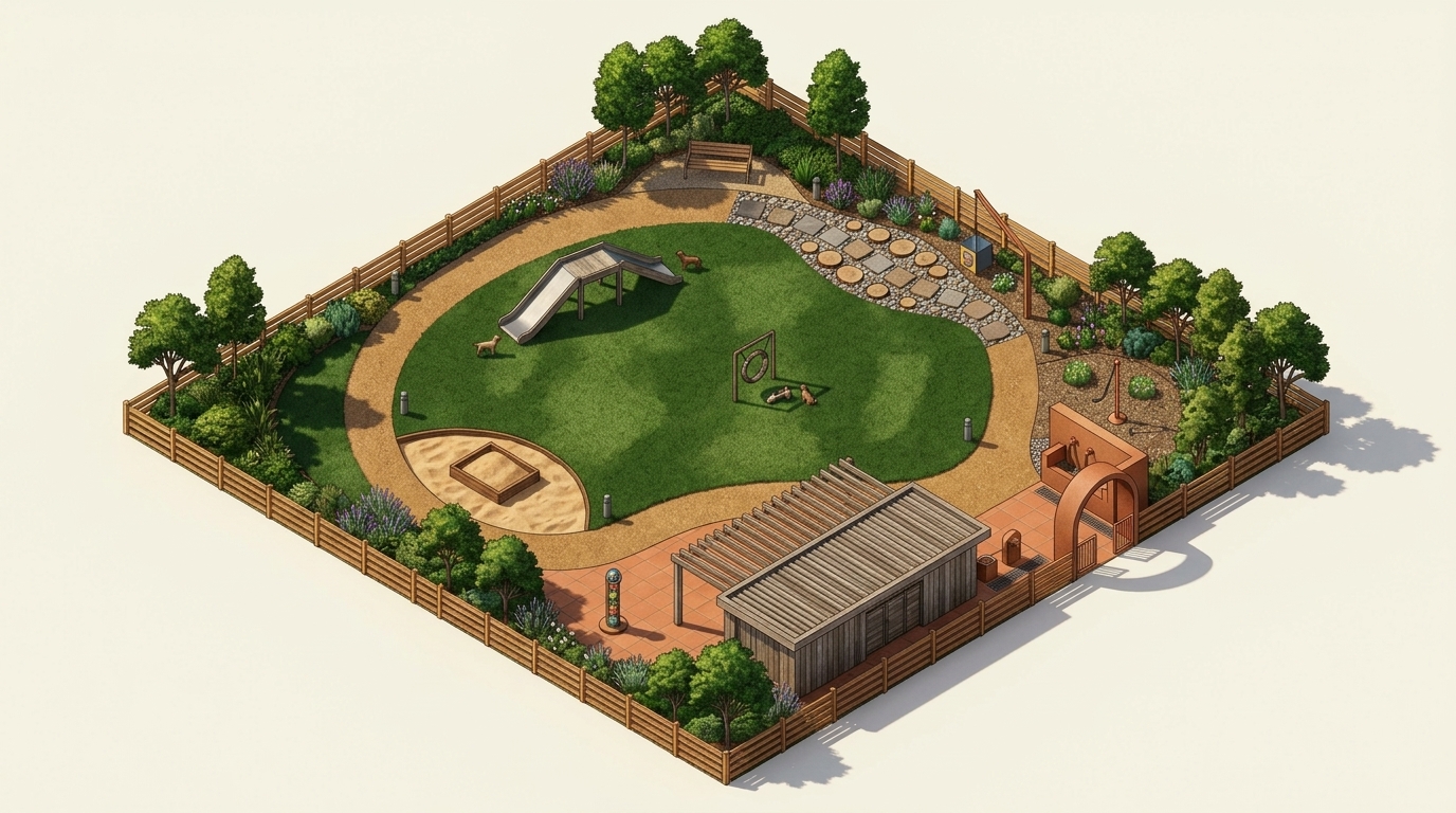 Architectural isometric master plan of the 1,000 sq. ft. JOJO sensory playground showing seven dedicated zones